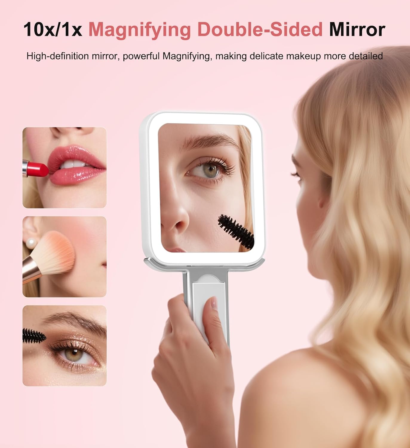 Skiennix Travel Makeup Mirror - 10X/1X Double-Sided LED Vanity Mirror with Rechargeable Battery & 3 Color Lighting