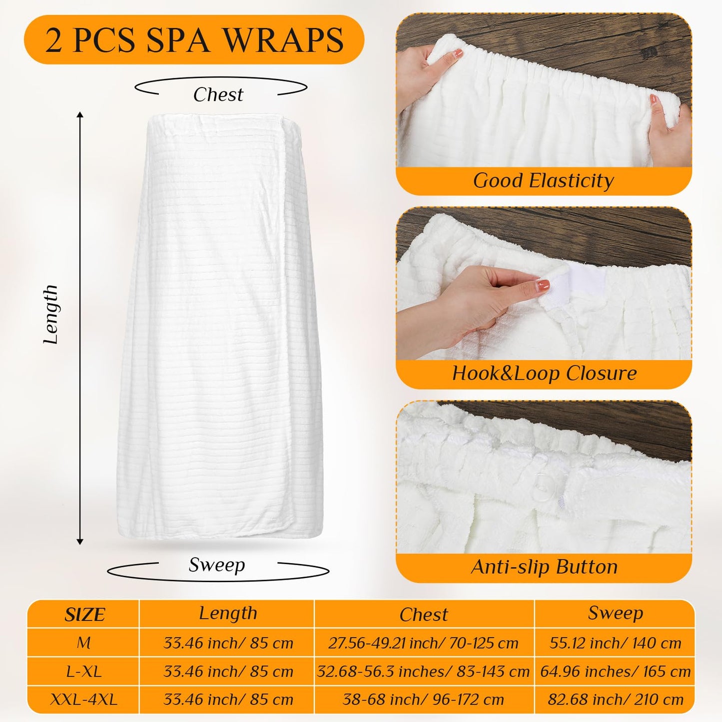 Tigeen 2 Pcs Women's Towel Wrap Lightweight Spa Robe Stripes with Adjustable Closure, Elastic Top Soft Bathrobe Spa Wrap(Large-X-large,White)