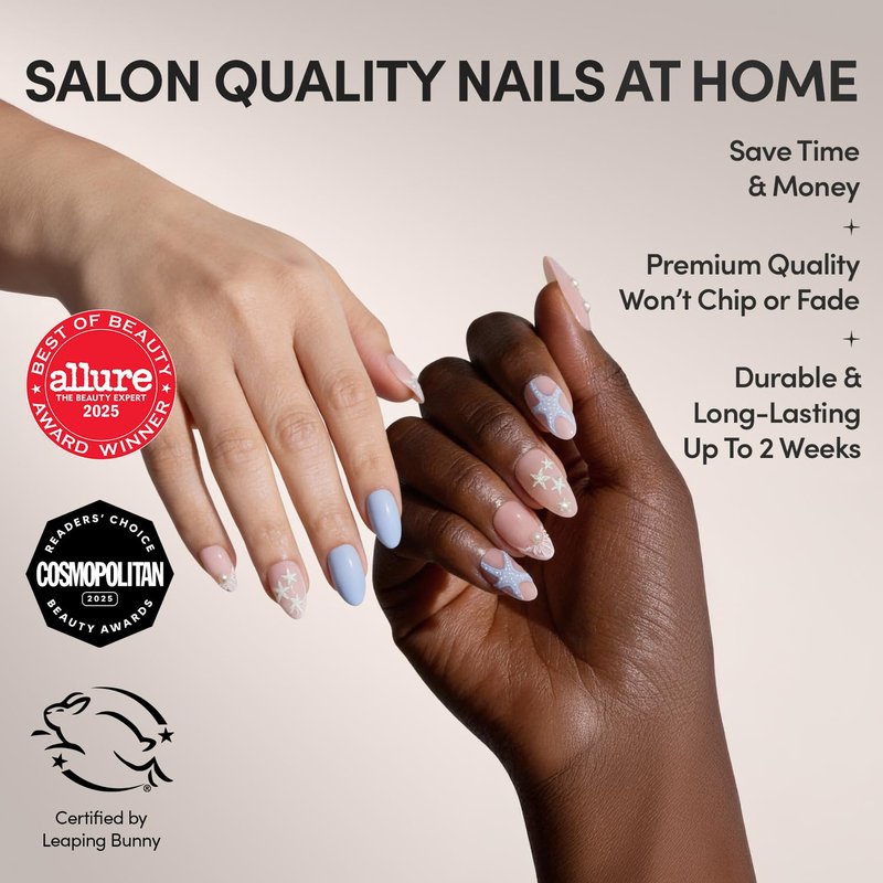 Glamnetic Press On Nails - Salty Waves | Short Almond Starfish 3D Nail Art | 30-Piece Kit with Glue, 15 Sizes Available