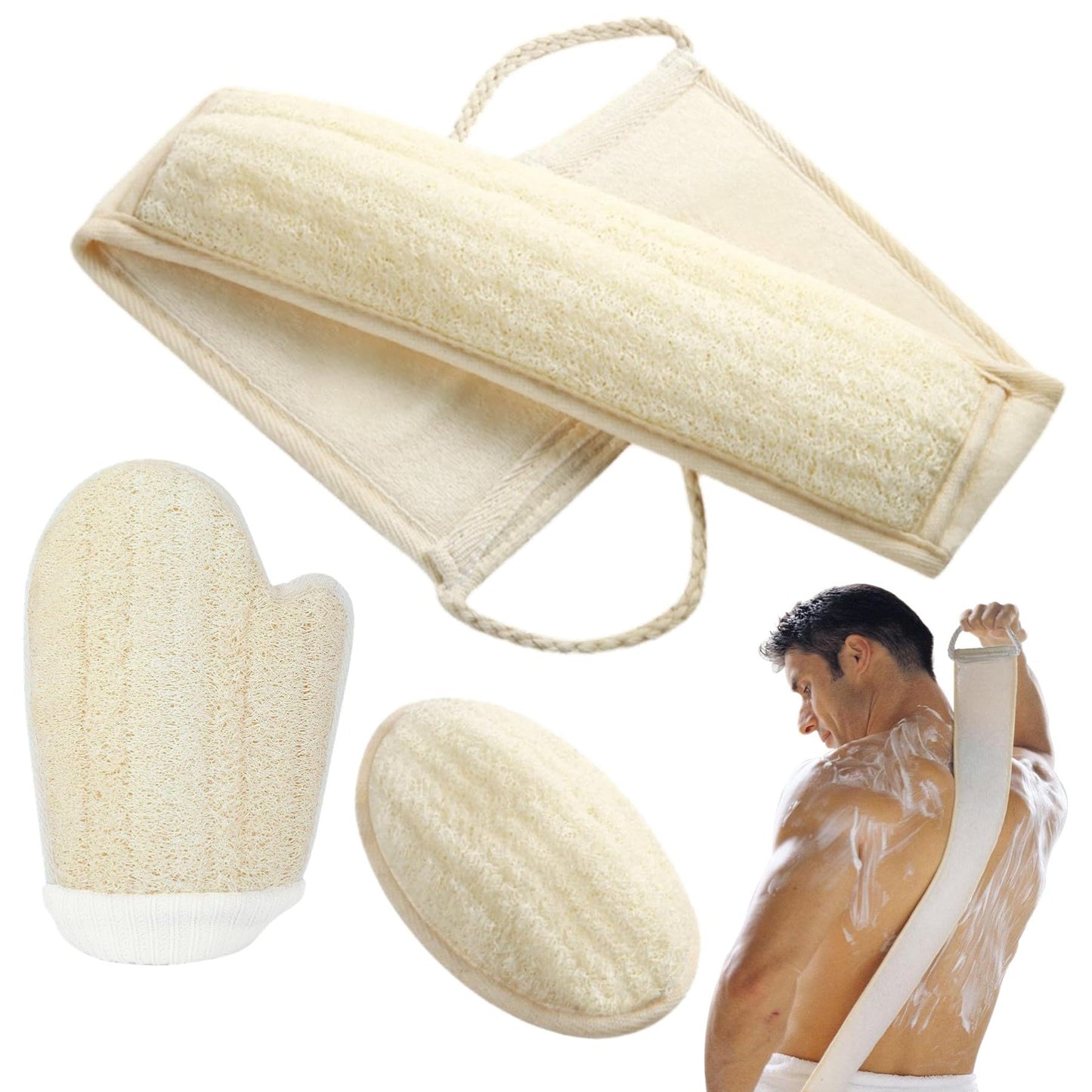 YUNKWONG Natural Loofah Sponge, Exfoliating Body Scrubber for Men Women, Loofah with Handle, Exfoliating Back Scrubber for Shower Set, Deeply Clean & Invigorate Your Skin (3 pcs in Box)