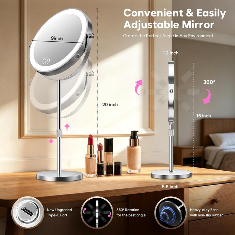 Makeup Mirror with Lights - 1X/30X Double-Sided Magnifying Mirror, Brightness Adjustable, 360° Rotation | Ideal Gift for Women