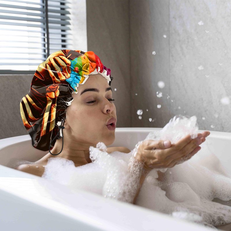 Cabreche Luxury Shower Cap Satin Silk Lined Adjustable Elastic Reusable Waterproof Shower Bath Cap Cute for Women Girls-Rainbow Skeleton