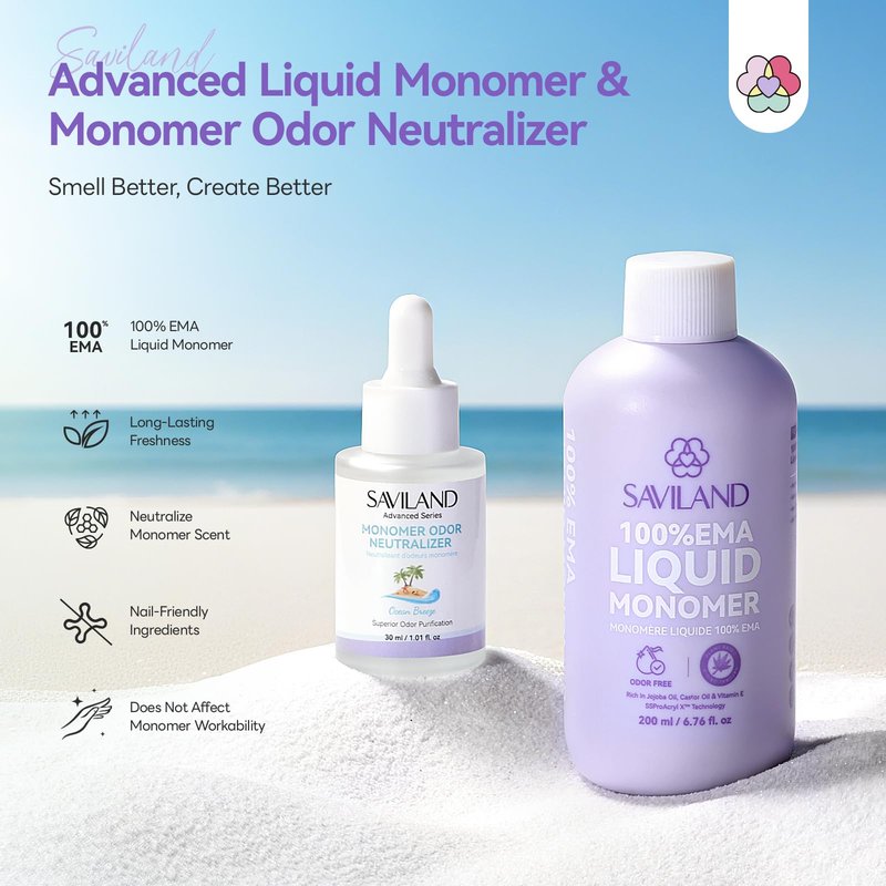SAVILAND EMA Monomer Acrylic Nail Liquid Set: 200 ml Non Yellowing Acrylic Liquid with 30 ml Ocean Breeze Monomer Odor Neutralizer Drops for Acrylic Powder Nail Art Home DIY & Salon Use