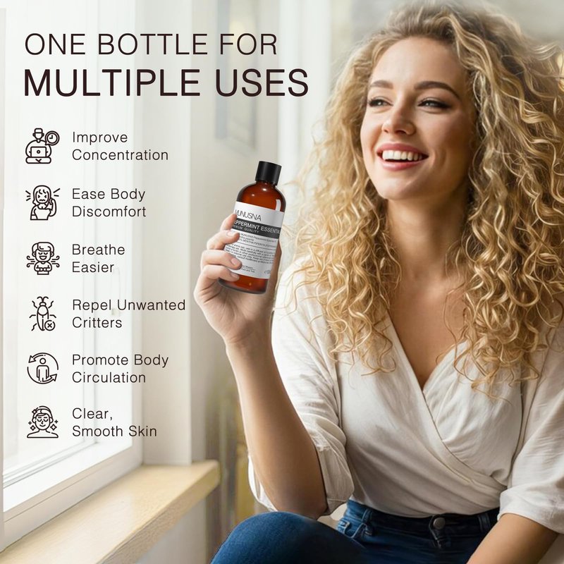 MUNUSNA Peppermint Essential Oil, 100% Pure & Natural Peppermint Oil 100ML, Premium Grade Aromatherapy Oil for Skin Body Hair Care, Freshening Air, Mood, Diffuser, Massage, Soap and Candle Making
