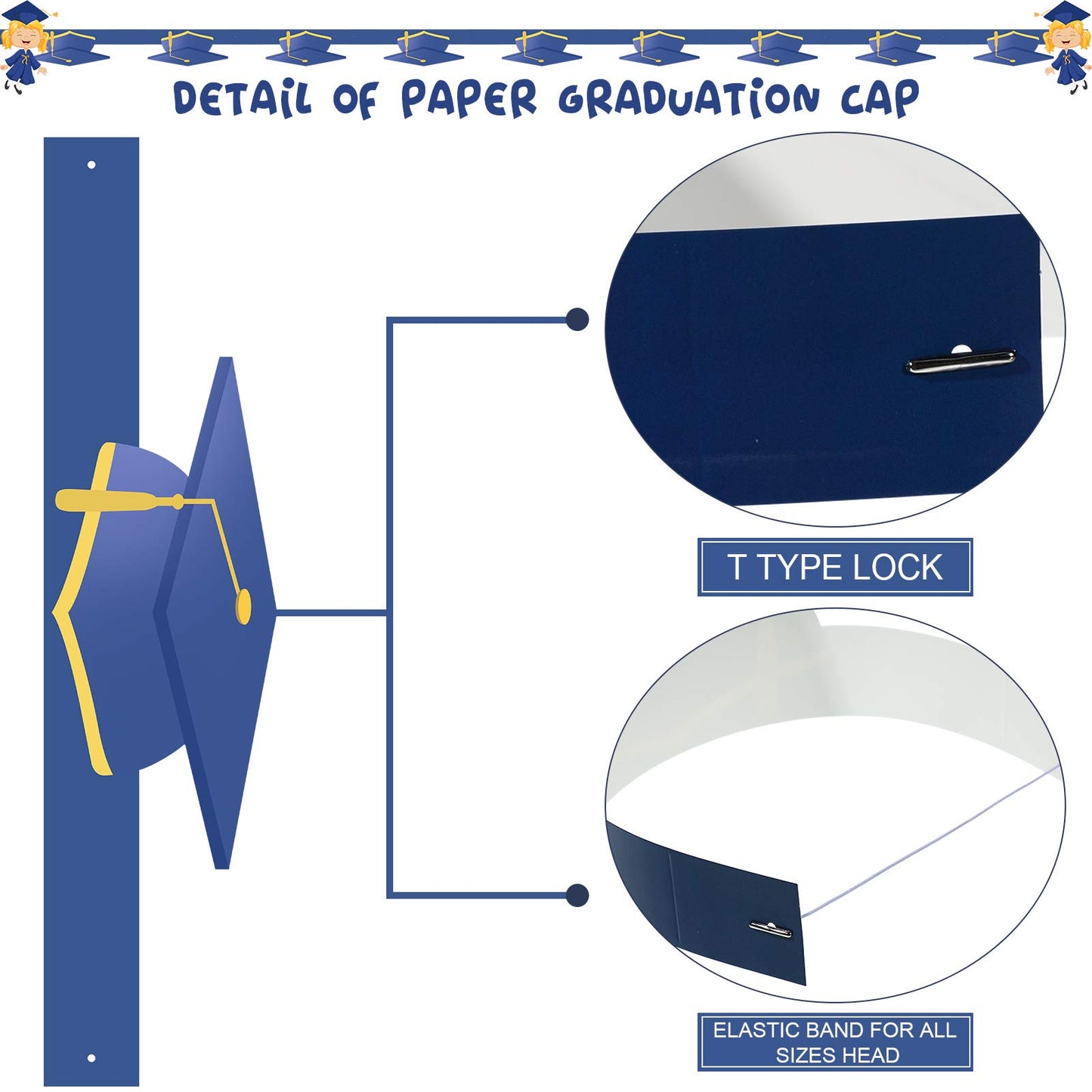 Tenare 40 Pcs Paper Graduation Hats Class of 2026 Adjustable Paper Graduate Cap with 40 Elastic String for Grad Party(Blue)