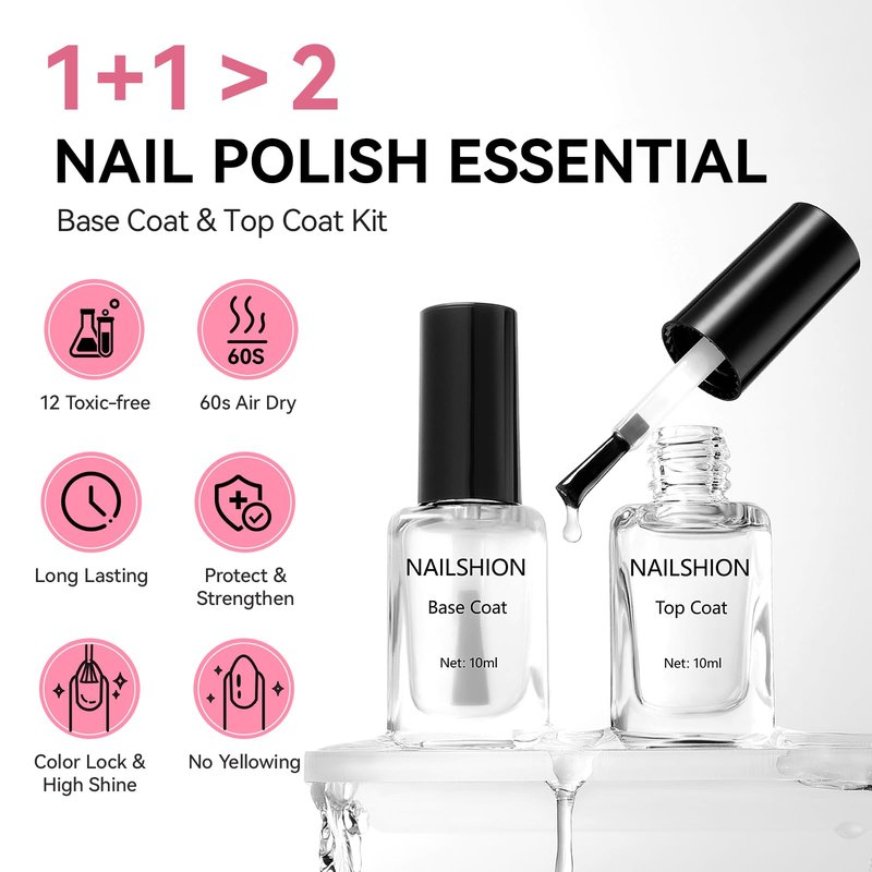 Nailshion Base Coat and Top Coat, Clear Regular Nail Polish, Rich in VE Calcium Quick Air Dry Nail Strengthening Non Gel, 2Pcs Vegan Base Chip Resistant High Shine Long-lasting Nail Art Gift Set