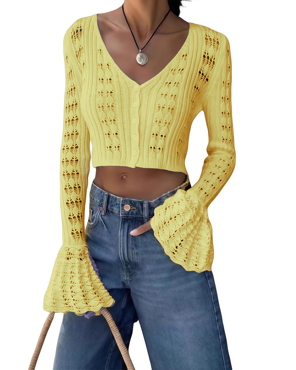 Women's Knit Long Sleeve Cardigan Sexy Hollow Out V Neck Bodycon Crop Tops See Through Casual Short Sweater Outwear Yellow