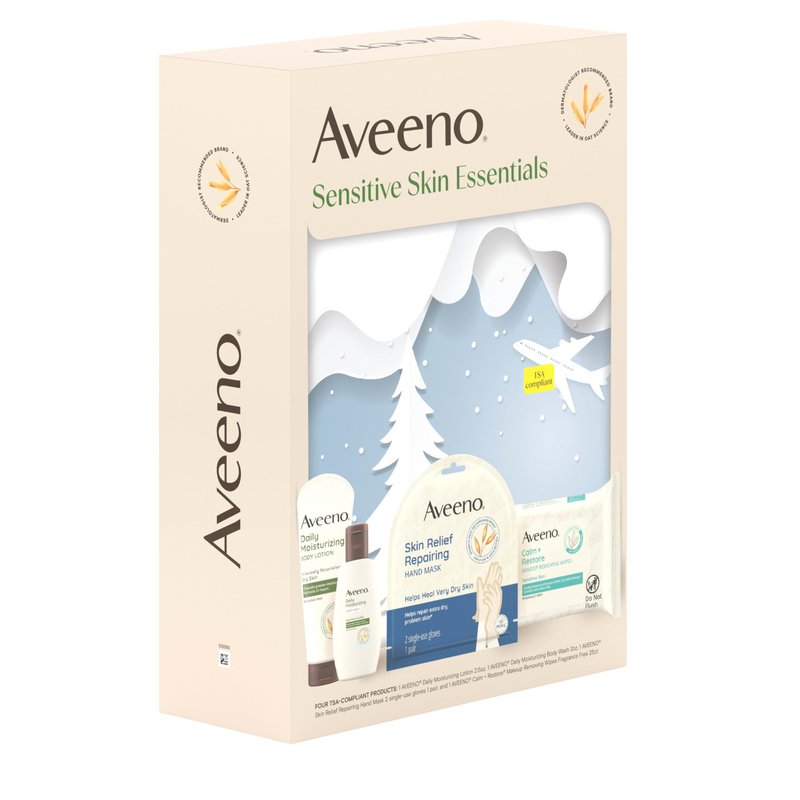 Aveeno Sensitive Skin Essentials Gift Set with Daily Moisturizing Lotion, Moisturizing Body Wash, Calm and Restore Makeup Removing Wipes and Skin Relief Repairing Hand Mask, 4 Items