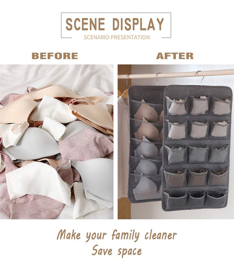 AARAINBOW Hanging Bra Organizer with Pockets, Hanging Sock Organizer, Dual Sided Hanging Closet Underwear Storage Holder for Lingerie, Panty Tie (20 Pockets, Gray)