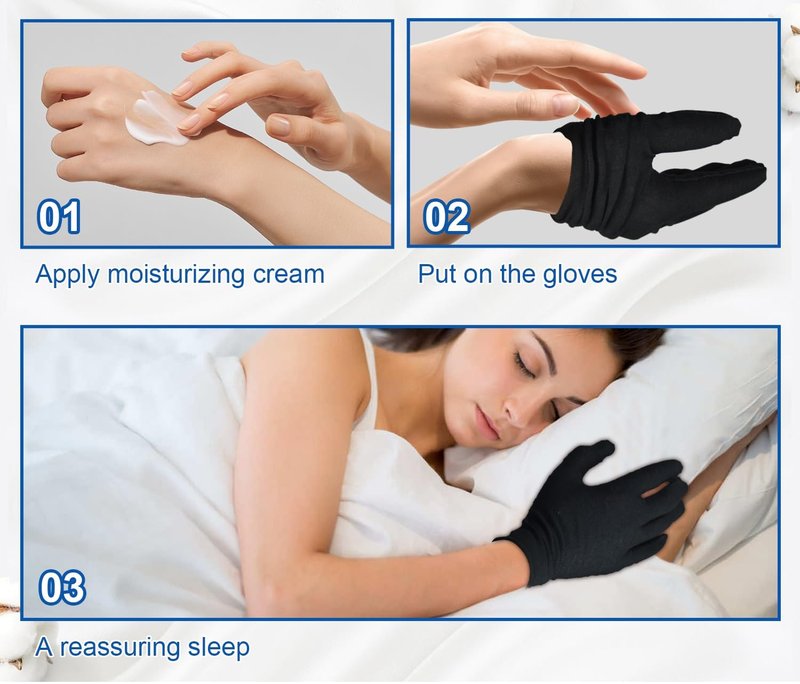 3 Pairs Cotton Gloves for Dry Hands Sleeping, Soft Sleep Gloves for Eczema, Moisturizing Overnight, SPA, Serving Costume, and Jewelry Inspection (Black, 3 Pairs)
