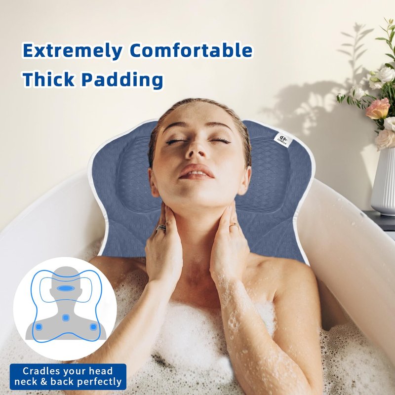 Bath Pillow, Bath Pillows for Tub Neck and Back Support, Bathtub Pillows for Head and Neck with 6 Strong Non-Slip Suction Cups, 4D Air Mesh, Bath Accessories Spa Gifts for Women(Blue)