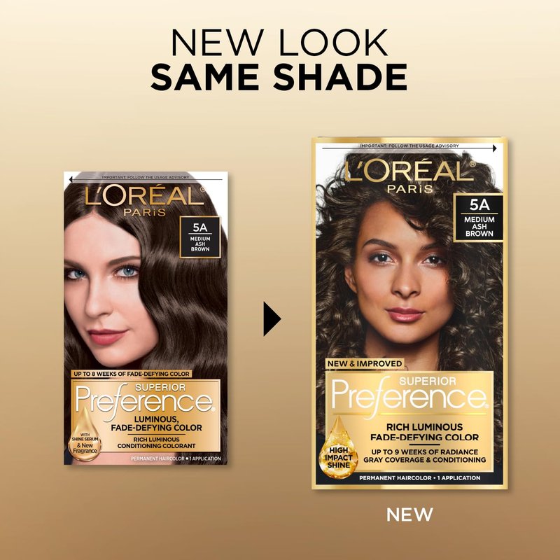 L'Oreal Paris Superior Preference Luminous Fade-Defying Permanent Hair Color, Hair Dye For Up to 9 Weeks of Radiance, Medium Ash Brown 5A, 1 Hair Dye Kit