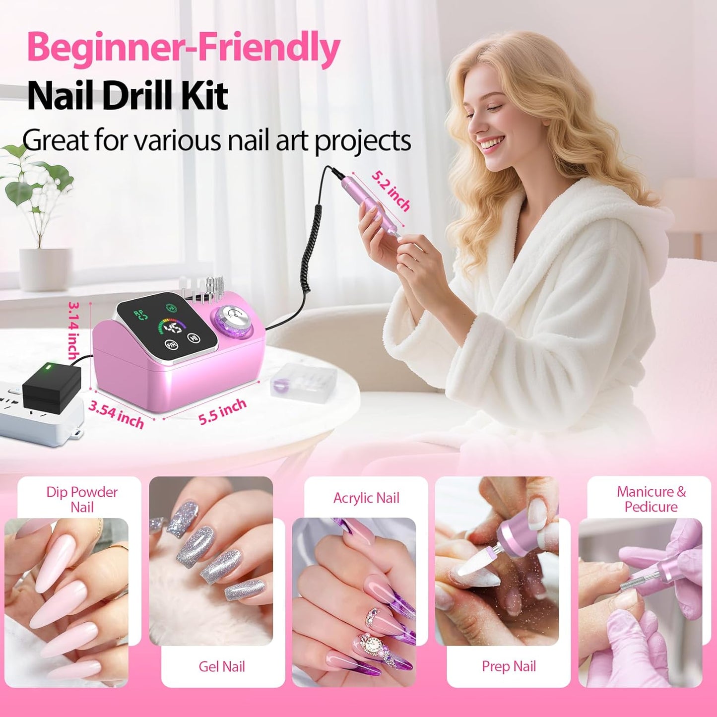 Skiennix Professional Electric Nail Drill E-File Machine - 45,000 RPM, Low Noise & LED Display for Acrylic Gel Nails