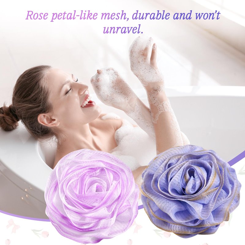 LAYUKI Bath Loofah, Shower Loofah, Body Loofah, Bath Sponge, Shower Sponge, Body Sponge, Bath Scrubber, Shower Scrubber, Body Scrubber, Rose-Shaped, Elegant (Set of 2 Pieces,Purple and Grey)