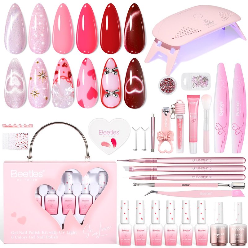 Beetles 30 Pcs Gel Nail Polish Kit with U V Light - 6 Colors Red Cat Eye Gel Polish Set Pink Jelly Glitter Sweet Date Collection with Heart Magnet Manicure DIY Salon Gifts for Mom Women