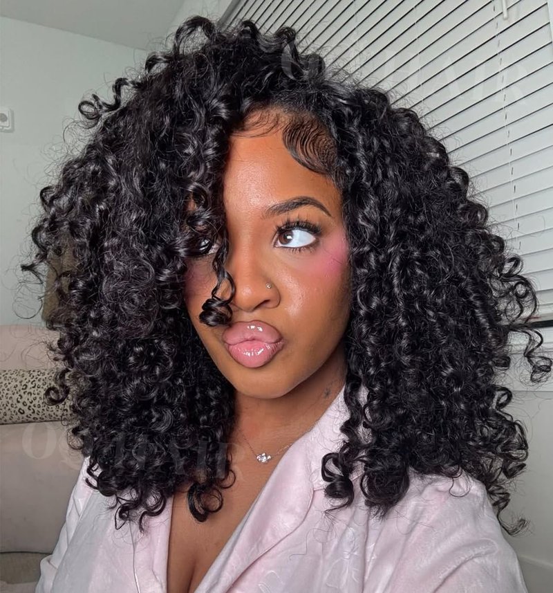 OQ HAIR Burmese Curly Half Wig Human Hair Beginner Friendly 3 In 1 Seamless Flip Over Headband Wig 180% Density Glueless Elastic Drawstring Wear and Go Wig for Women 26 Inch