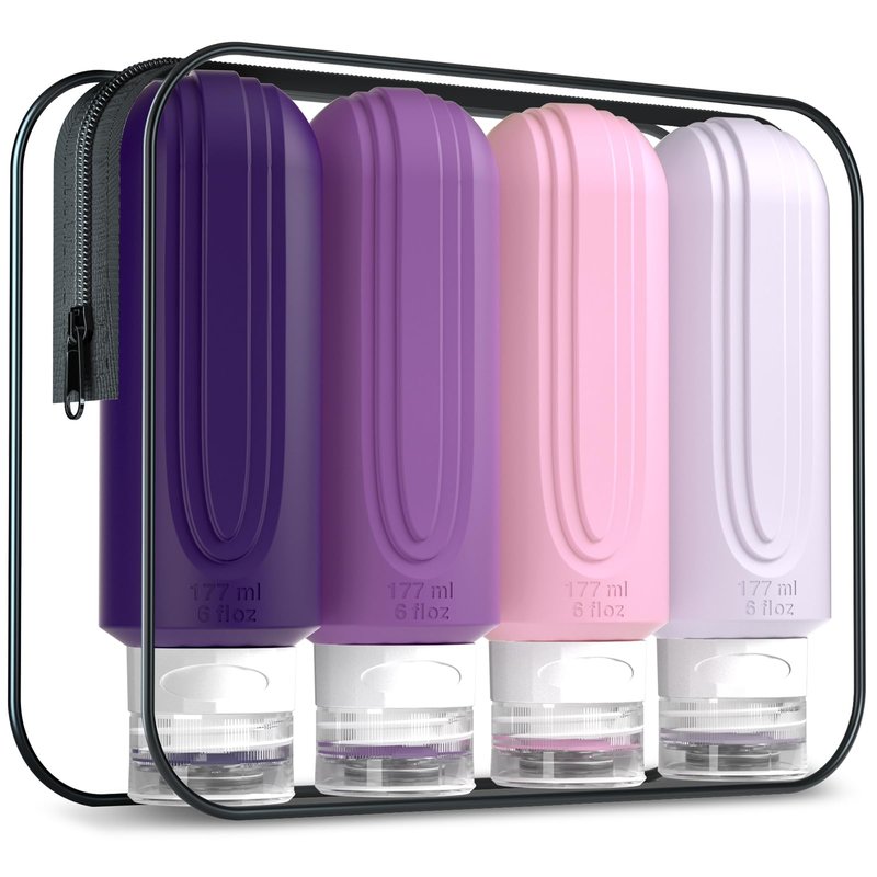 Mrsdry Travel Bottles for Toiletries, Large 6oz Oversize Containers, BPA Free Leak Proof Tubs Refillable Liquid Traveler Accessories with Toiletry Bag for Cometic Shampoo and Lotion Soap (4 Pack)