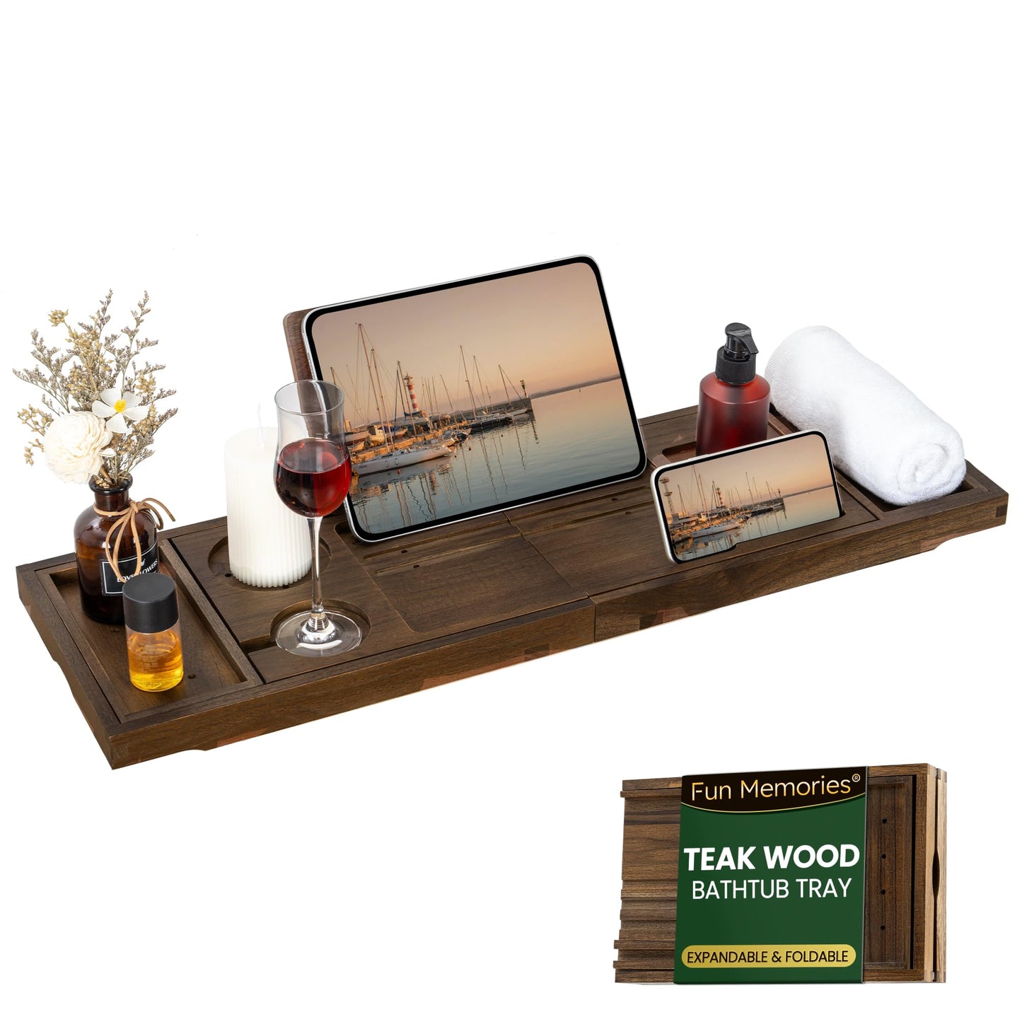 Teak Bathtub Tray - Luxury Bath Tray with Expandable Handles, Wine Glass and Phone Holders, Book Stand - Perfect for Home Spa Relaxation and Reading - Natural Bath Accessories - Dark Walnut Color