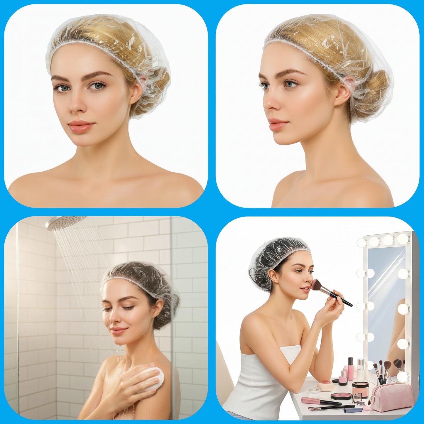 WanMoThink 100 Pcs Disposable Shower Caps Extra Large 22 Inch, Thick Clear Plastic Waterproof Hair Caps for Women and Men, Long Hair Deep Conditioning Caps with Roll-Top Stand-Up Storage Bag