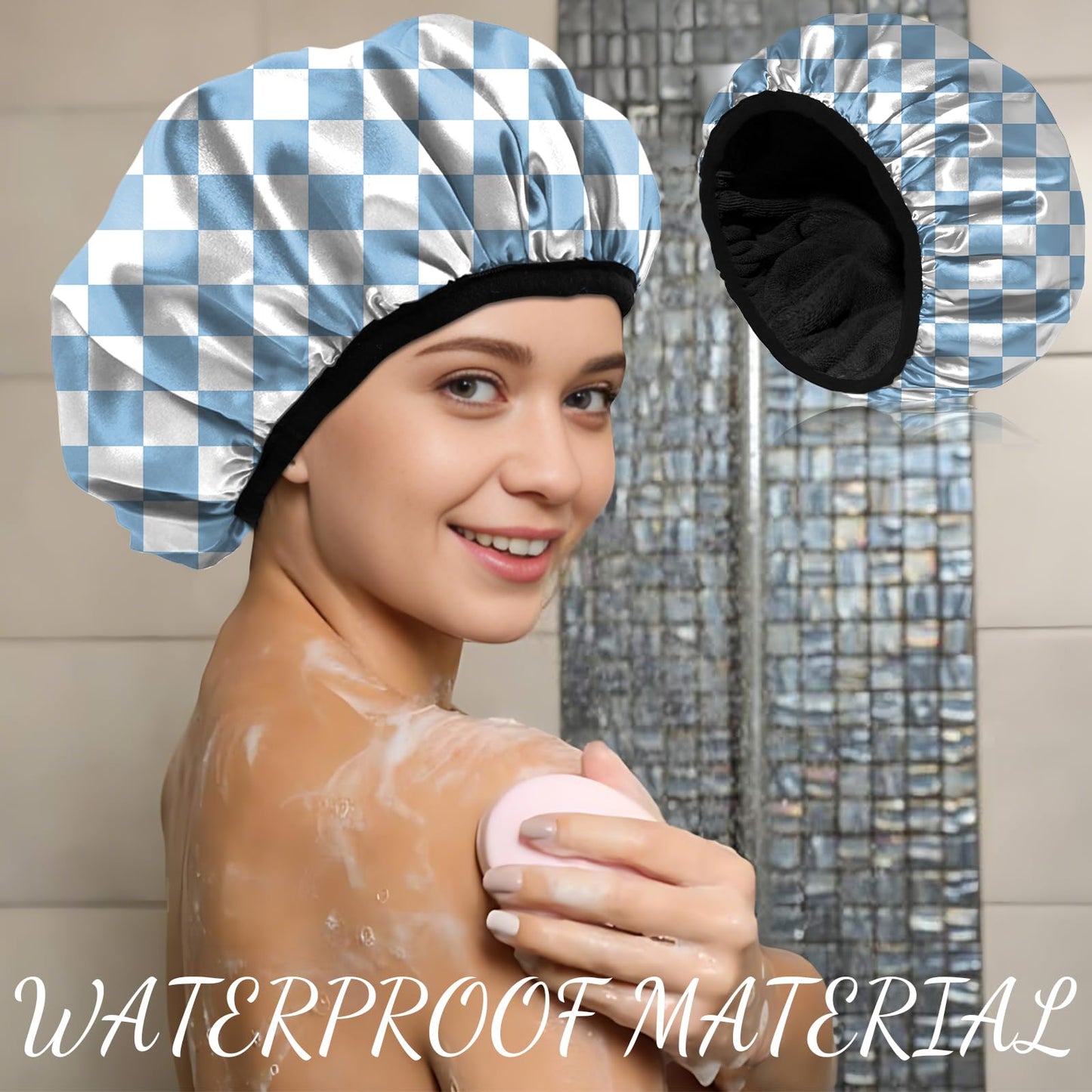 Zewurtuw Luxury Shower Cap Terry Cloth Lined EVA Waterproof Reusable Triple Layer Elastic Hair Bath Caps for Women Girls Cute-Cat Flower