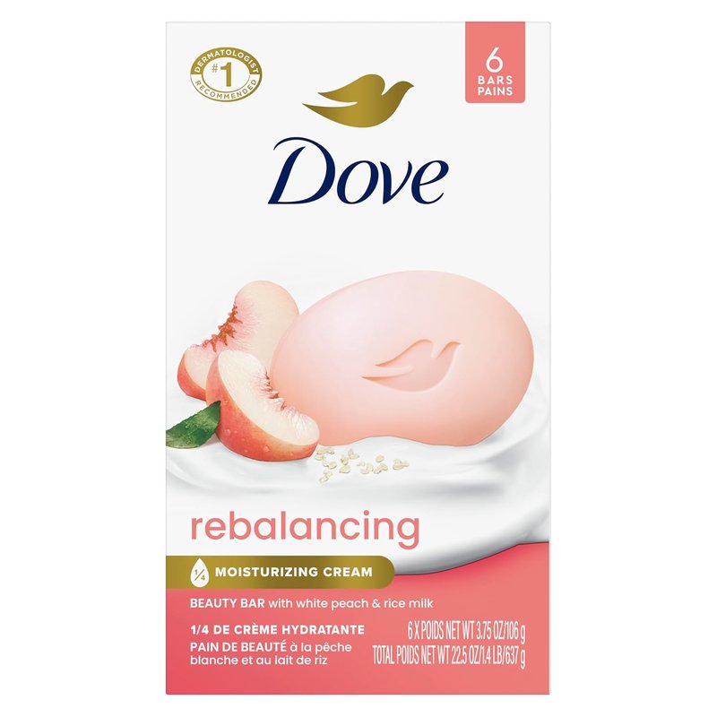 Dove Beauty Bar Soap - Rebalancing White Peach & Rice Milk | 6 Count, 3.75 oz Moisturizing Formula for Nourished Skin