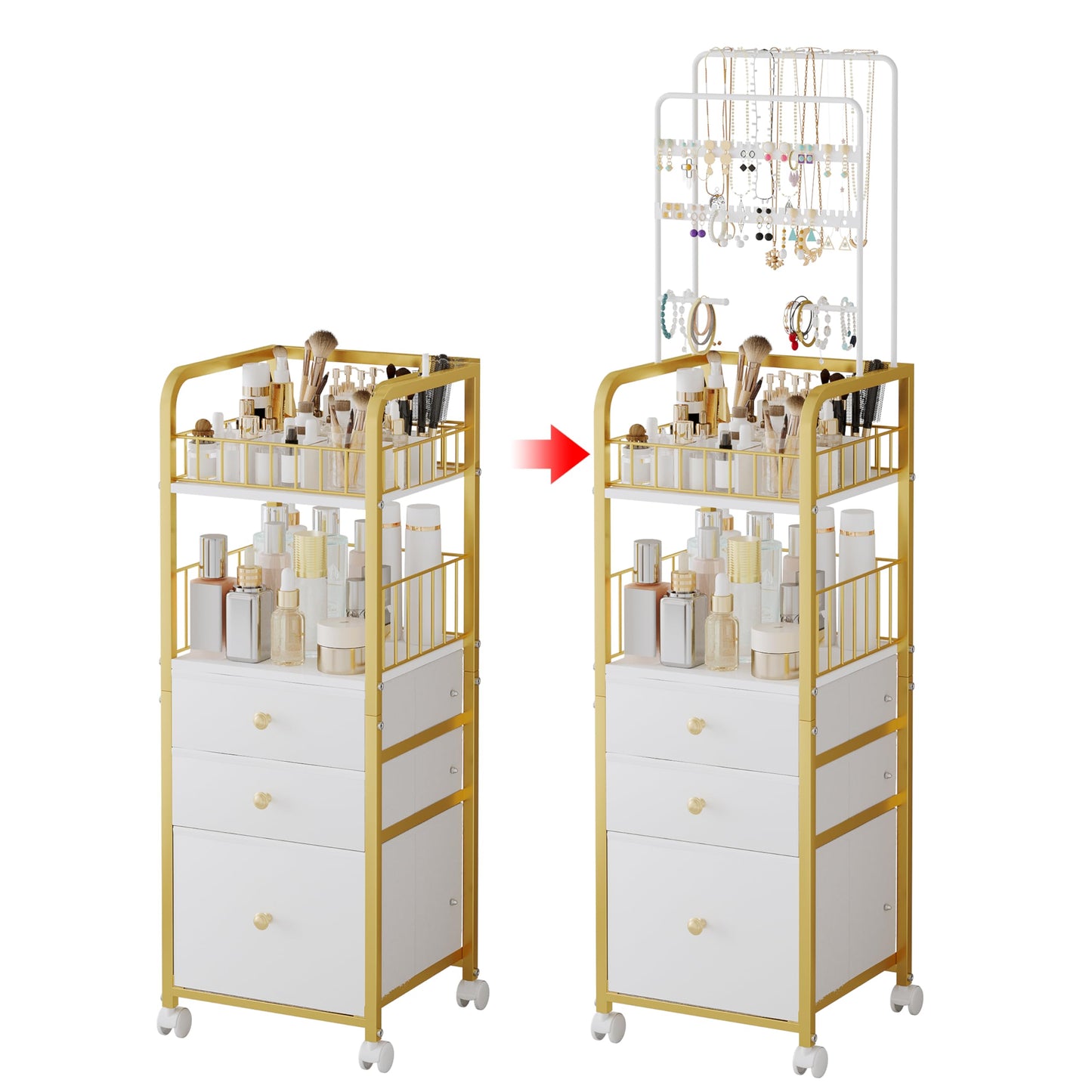 ZQUYAJ Makeup Organizer Cart with 3 Drawers, Jewelry Organizers and Storage for Earring Necklace, Large Vanity Storage Organizer for Skin Care Perfume Make up Brush Nail Polish Hair Tool (Gold)