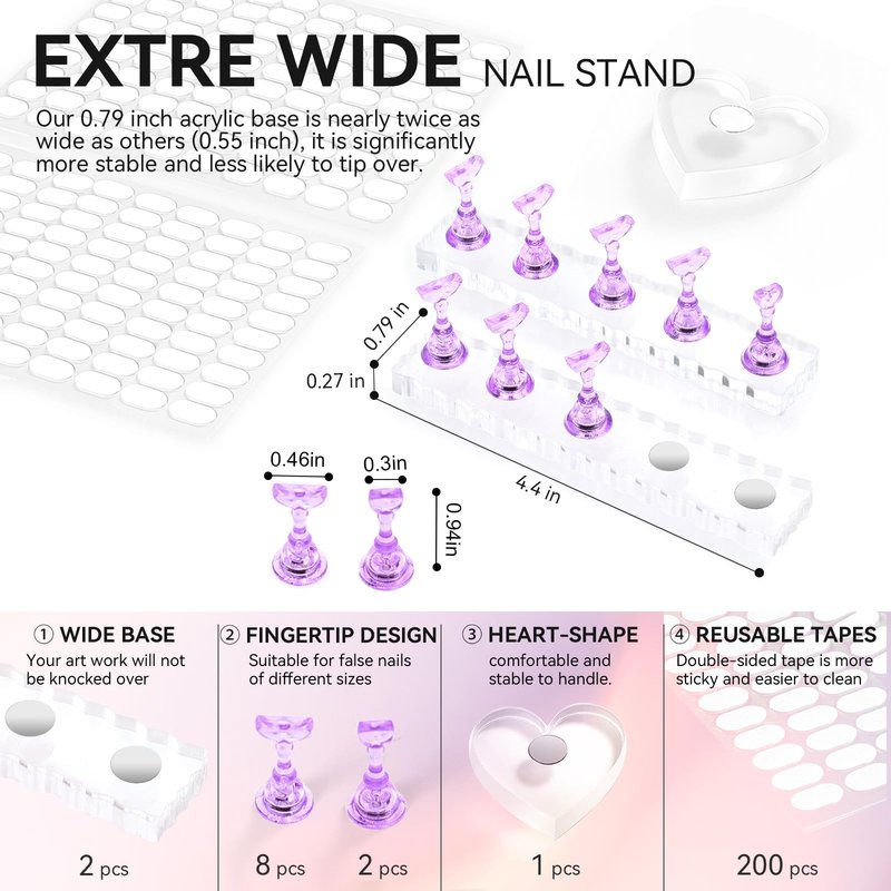 ESUOHYM Nail Stand For Press On Acrylic Strong Magnetic Nail Holder Kit For Painting Nails Tip Arts Display With 200PCS Double-Sided Tape And 1 Heart Shaped Acrylic Magnetic Presson Stand (Clear And Purple, Medium)