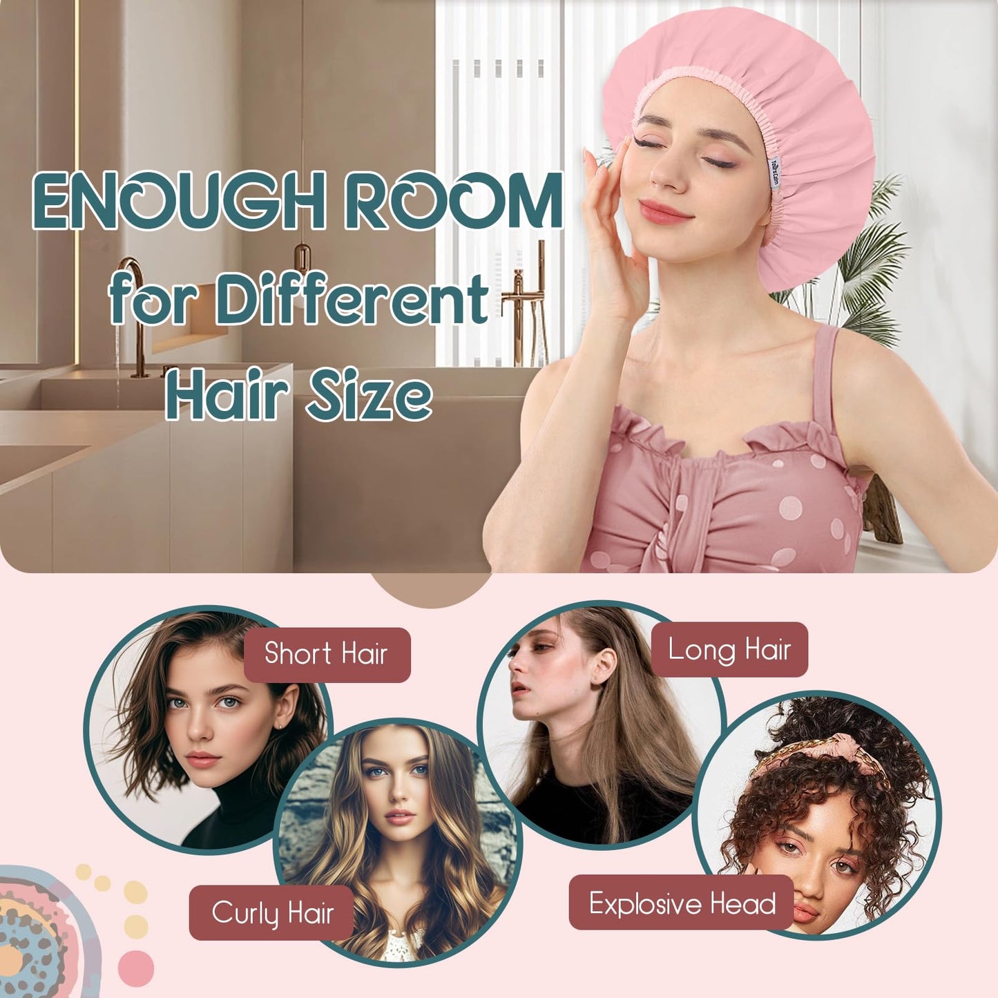 Years calm Luxury Shower Caps for Women Reusable Waterproof – Polka Dot Double Layer Bath Cap with Adjustable Elastic for Braids & Long Hair, Comfortable & Stylish, Versatile Use (Black)