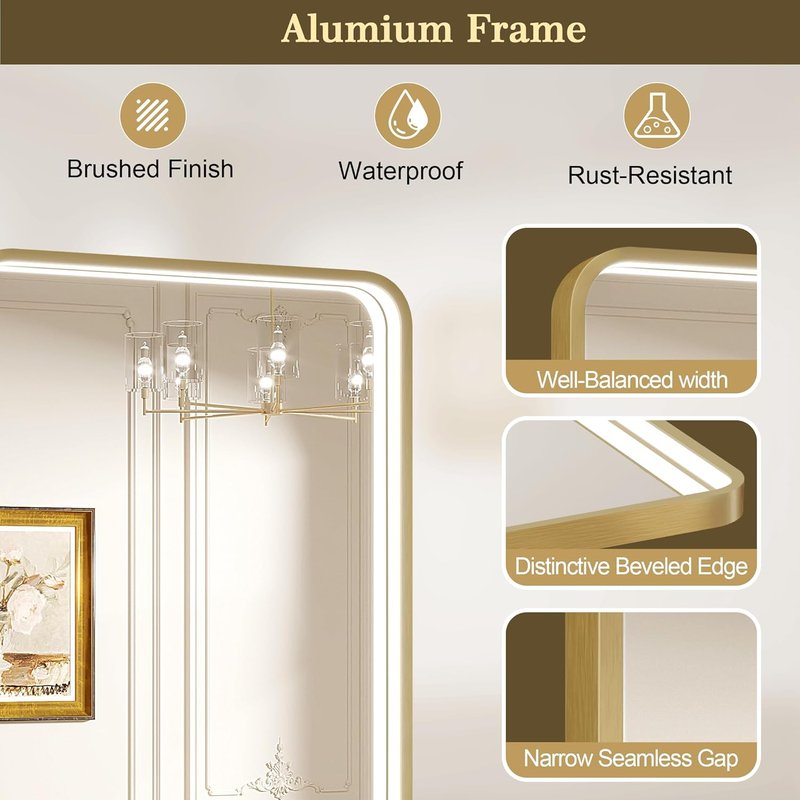 LED Bathroom Mirror - 24x32 Inch Gold Metal Framed Lighted Vanity Mirror | Dimmable, Anti-Fog, 3 Colors