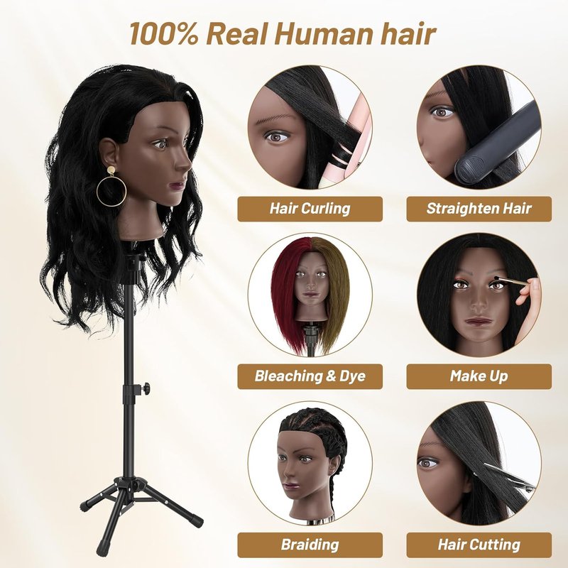 20"- 22" Mannequin Head with 100% Human Hair, Cosmetology Manikin Doll Head Real Human Hair Mannequin Head for Braiding Hairstylists Cosmetology Students Practice Styling with Free Clamp Holder