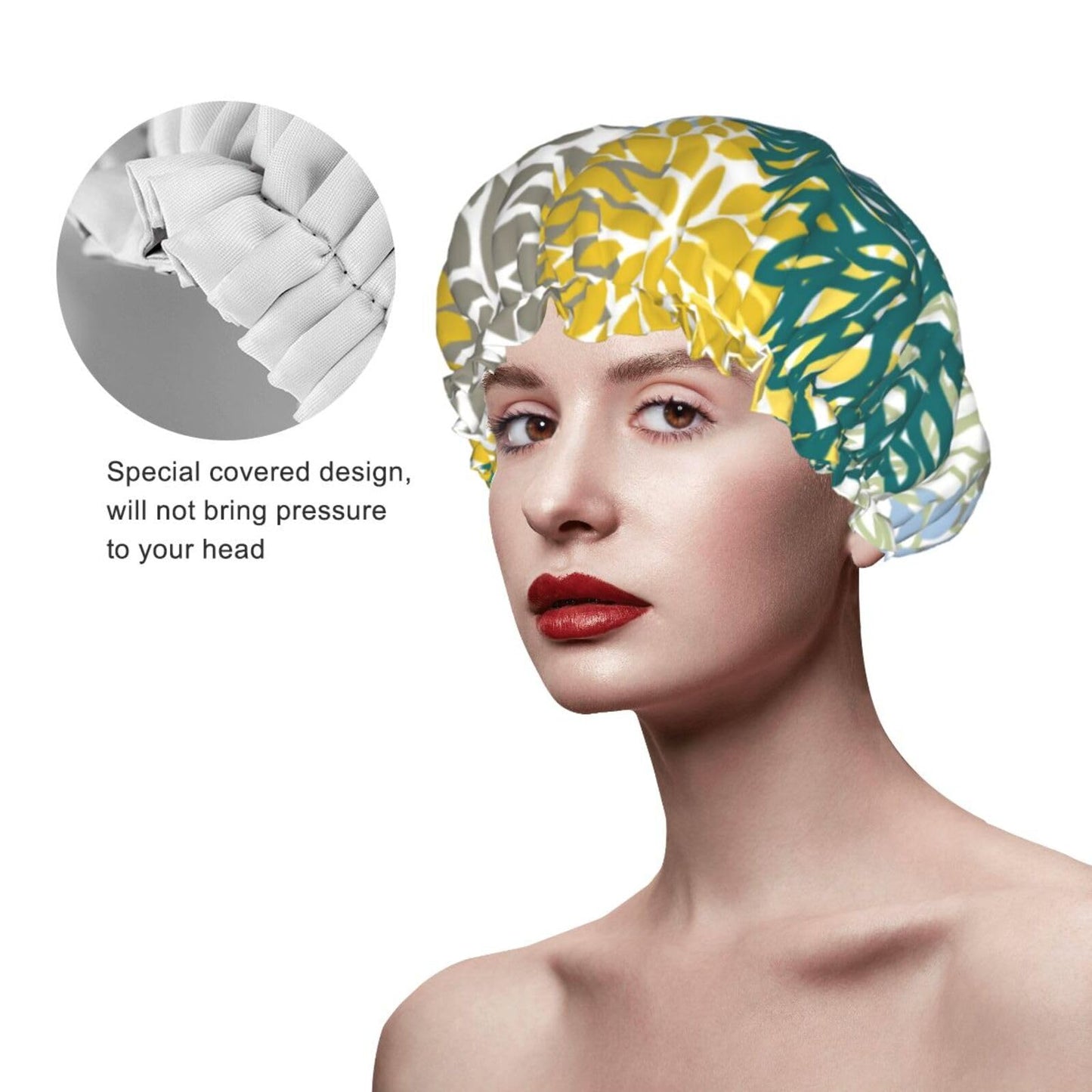 Art Flower Print Shower Cap for Women Double Layer Waterproof Reusable Shower Caps Adjustable Elastic Band Quick Drying Bath Hair Hat Protector with PEVA Lined for Spa Salon Bathing Hats