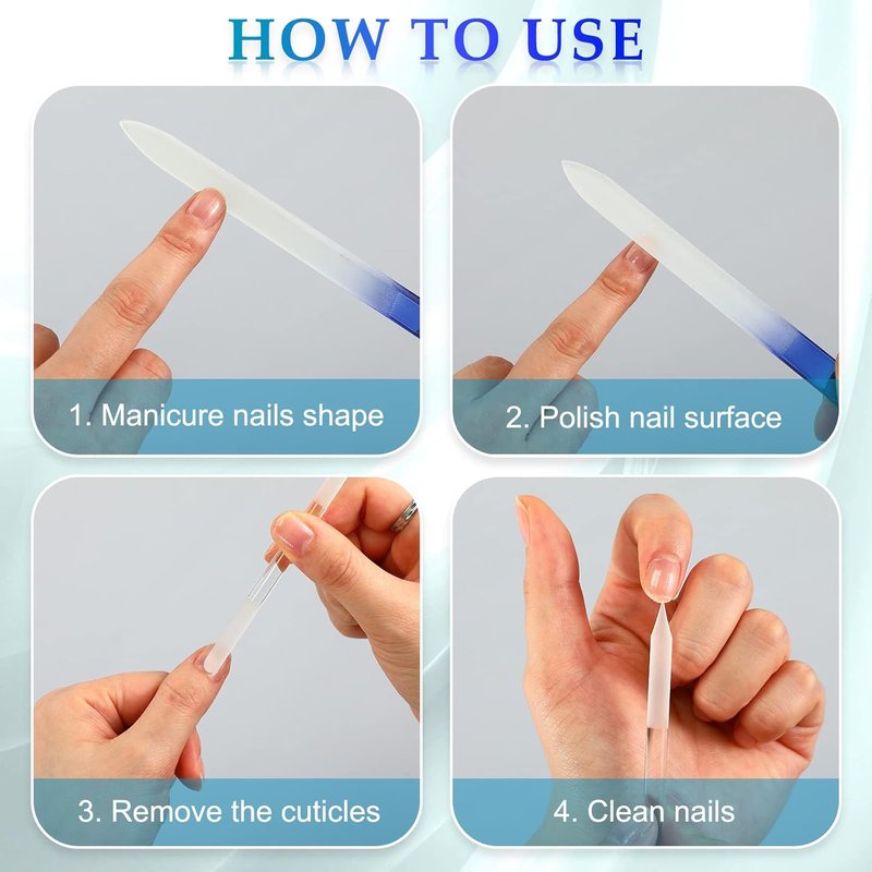 Skiennix Glass Nail File Set - 4 Pcs Double-Sided Crystal Buffers & Cuticle Pushers for Perfect Manicure & Pedicure