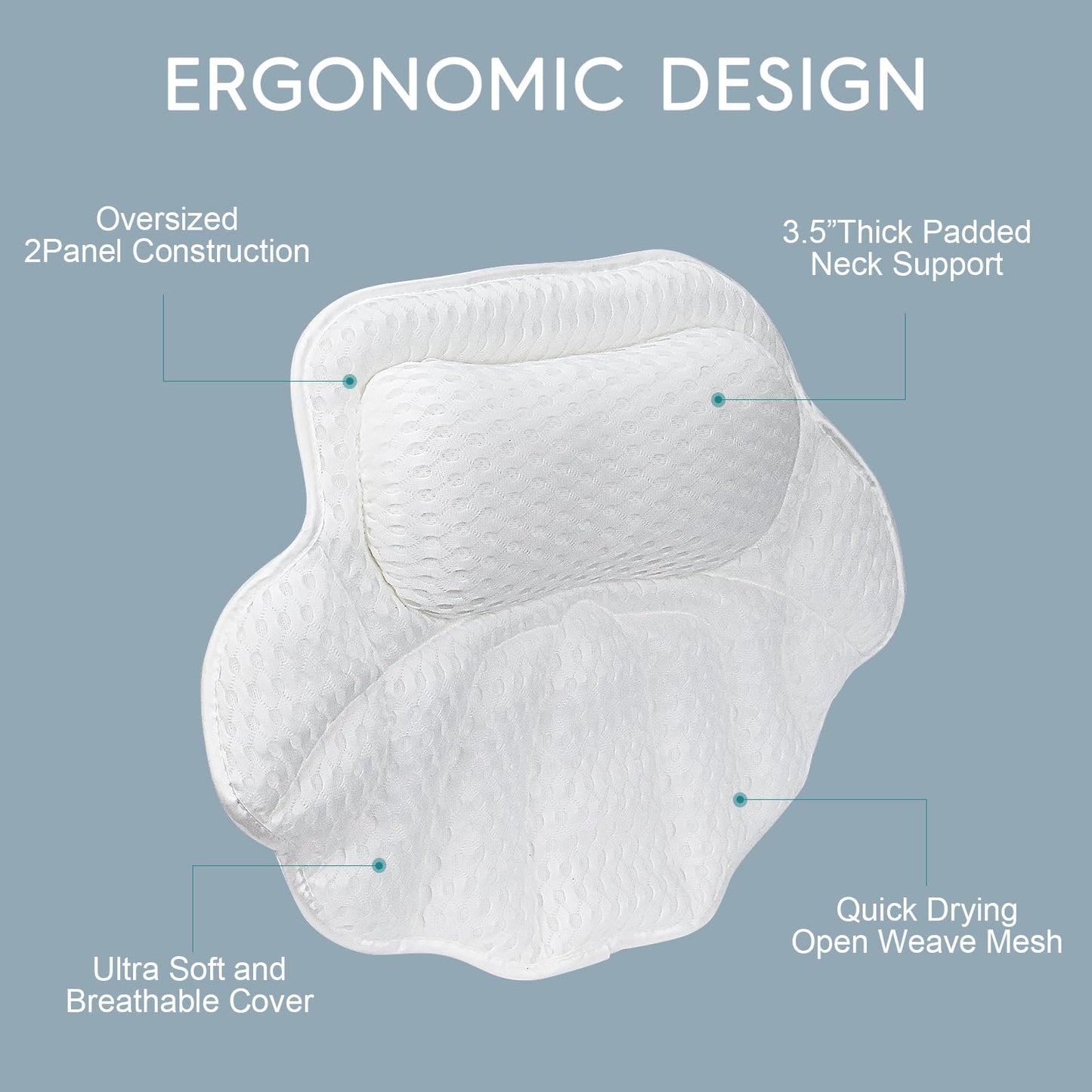 Bath Pillow for Tub, Bathtub Pillow for Head, Neck and Back Support, 4D Air Mesh Spa Bath Pillow with 6 Suction Cups, Machine Washable with Laundry Bag