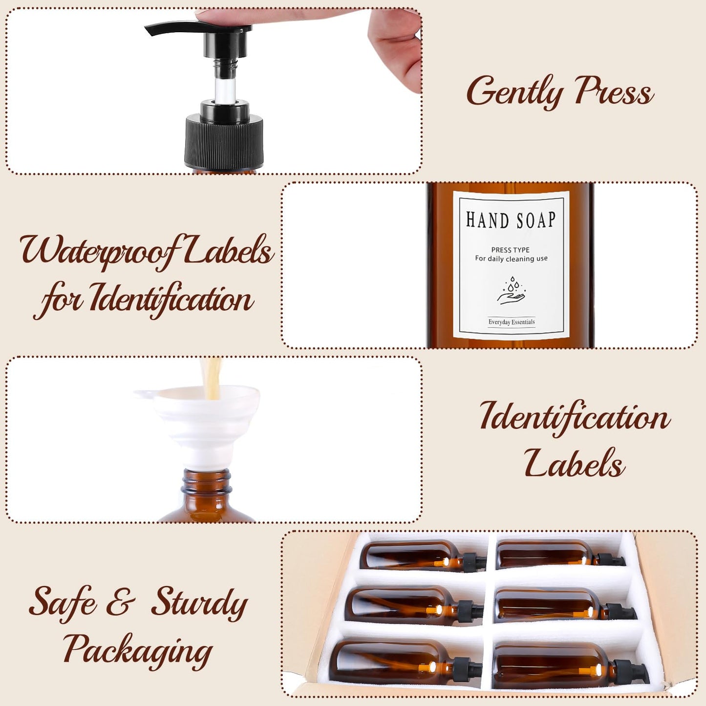 TBWIND 12 Pack Amber Glass Bottles 16oz with Pump Dispensers, Refillable Empty Pump Bottles for Bathroom, Kitchen, Shampoo, Soap, Lotion – Includes 2 Funnels & 12 Labels