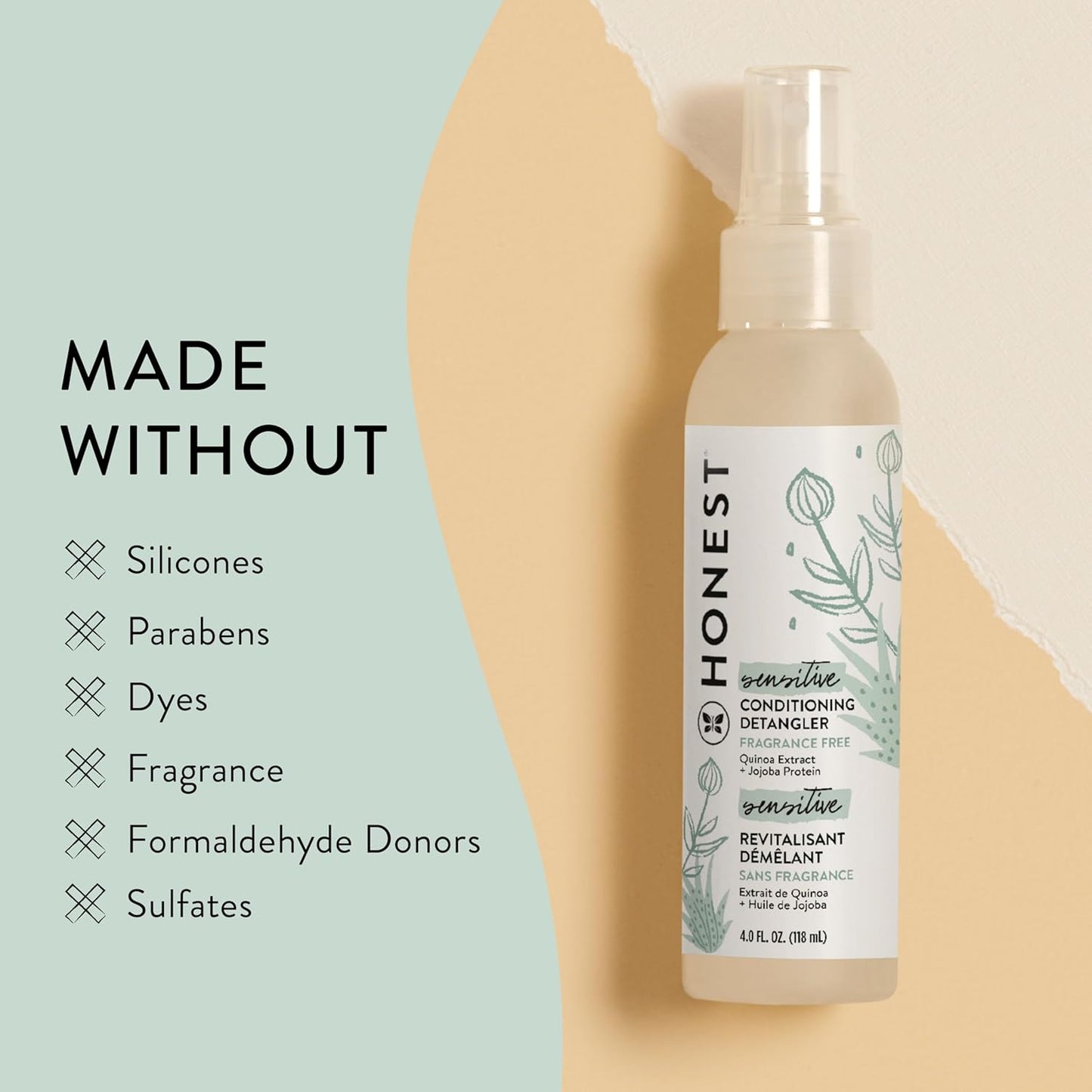 The Honest Company Fragrance-Free Hair Detangler - Tear-Free Leave-In Conditioner for Sensitive Skin | 4 fl oz (Pack of 3)