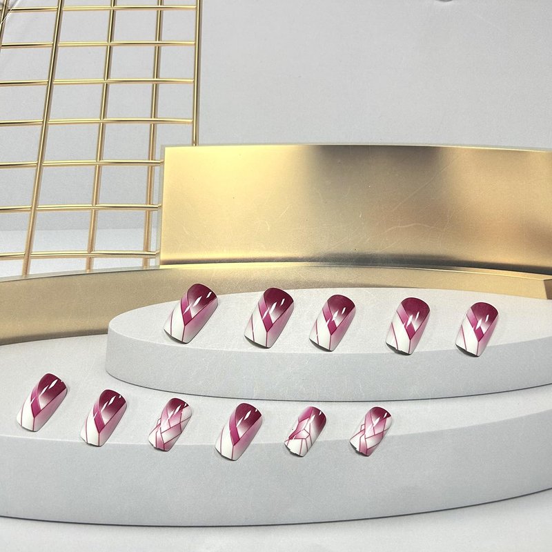 Press on Nails Medium Length Wine Red Square False Nails Lines Grids Design Charm Fake Nails Artificial Acrylic Nails Full Cover Glossy Reusable Coffin Nails Glue on Nails for Women Supplies 24Pcs
