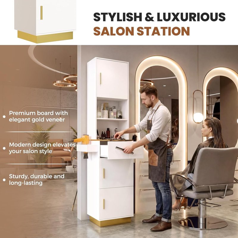 Salon Stations for Hair Stylists - Tall Hair Salon Station with 6 Tool Holders, Drawer & 3 Storage Cabinets | White