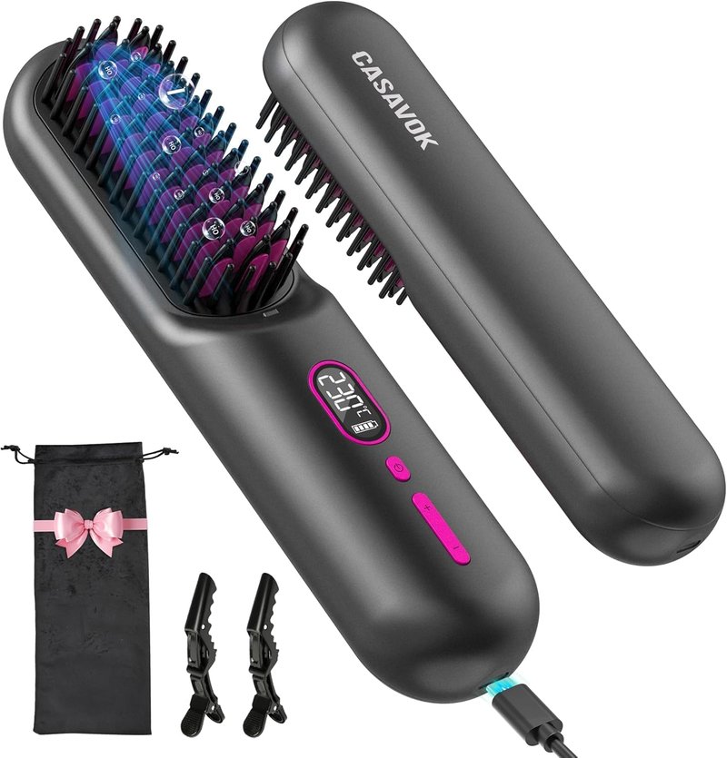 Cordless Hair Straightener Brush - Go Brush Pro for Short Hair | Travel-Friendly, 30s Fast Heat, 12 Temp Settings, Grey