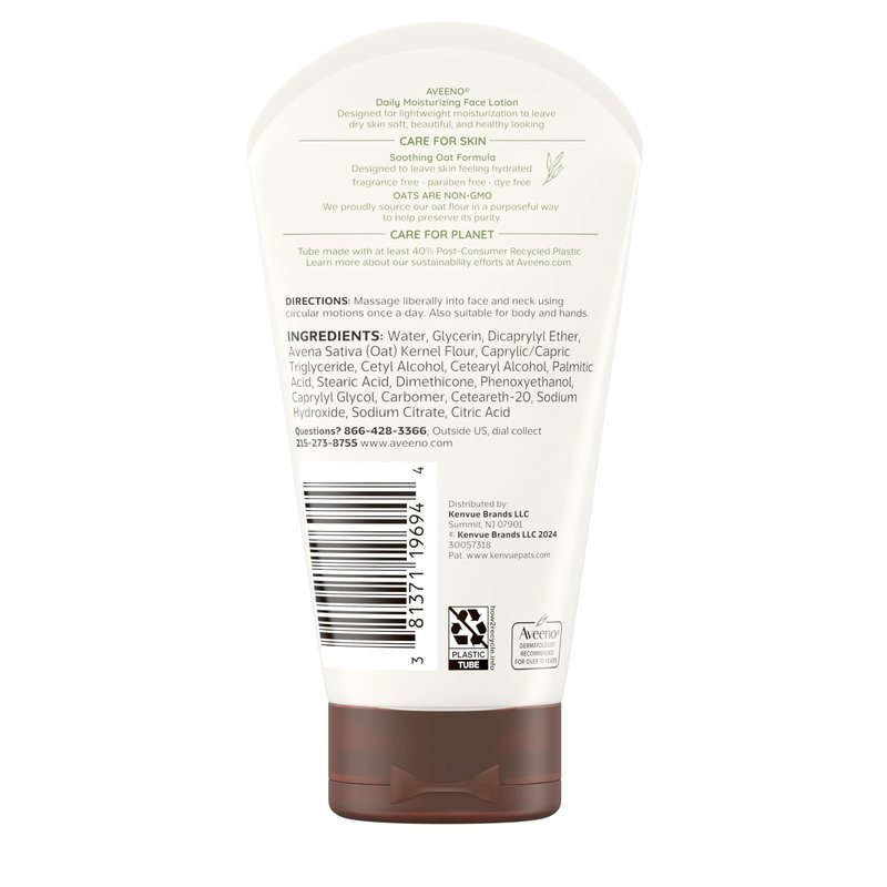 Aveeno Daily Moisturizing Face Lotion with Soothing Prebiotic Oat, Lightweight Non-Greasy Facial Moisturizer for Normal to Dry, Sensitive Skin, 24-Hour Moisture, Fragrance-Free, 5 oz