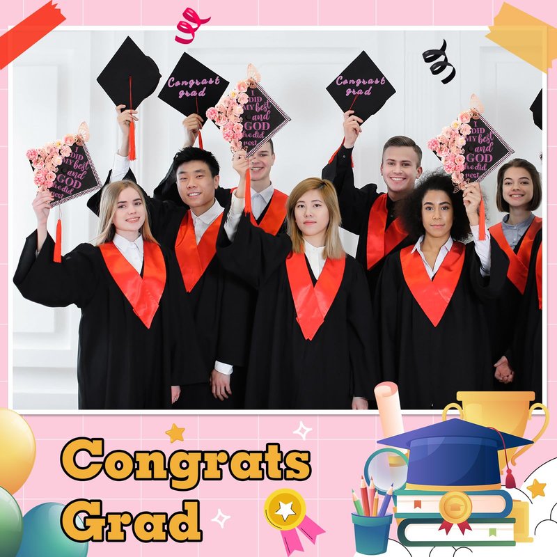 Feifeiya 41 Pcs DIY Graduation Cap Decorations Accessory Kit Include Faux Flower Heads Graduation Quote Glitter Sticker 3D Butterfly Pearl Rhinestones Sticker (Classic,Pink)