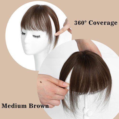VASILIA Bangs Hair Clip, Clip in Bangs Hair Toppers for Women 100% Real Human Hair, Clip on Bangs 360° 3D Cover Wispy Fake Clip in Hair Extensions for Women Daily (Medium Brown)