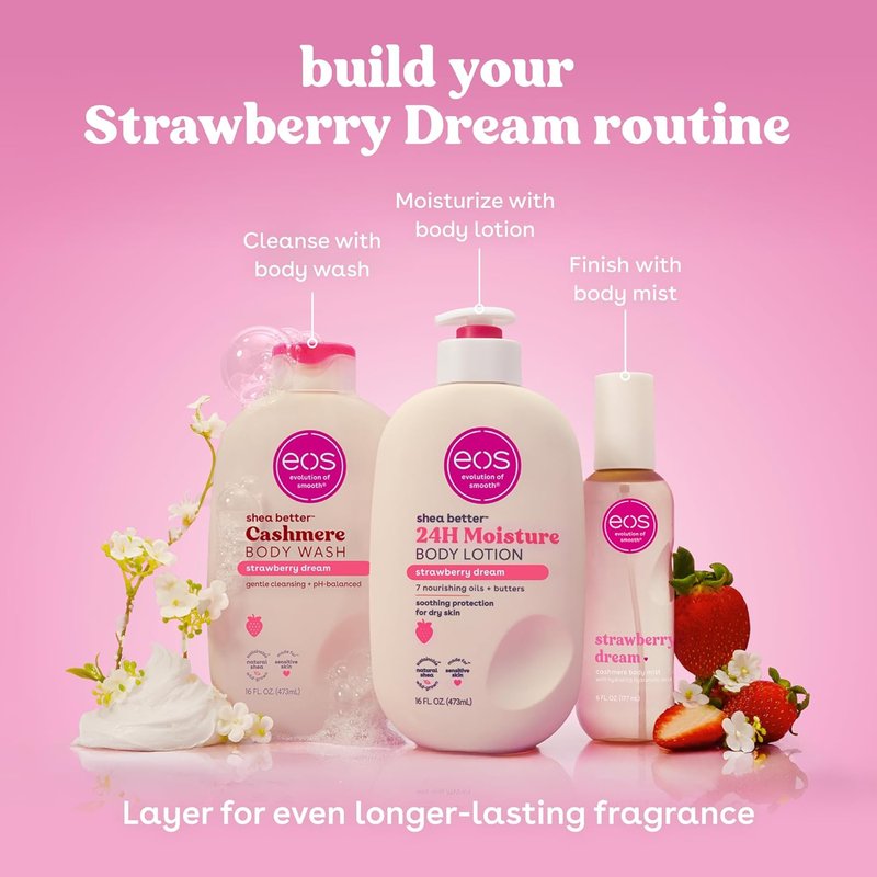 eos Shea Better Body Lotion - Strawberry Dream | 24-Hour Moisture, Lightweight & Non-Greasy, 16 fl oz