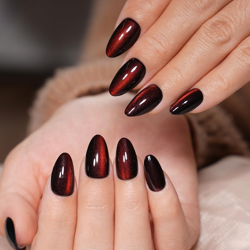 Red Cat Eye Press On Nails Almond - Short Almond Fake Nails with Nail Glue, Brown Red Cateye Press On Nails Reusable Stick On Nails in 16 Sizes 32 Nail Kit for Women & Girls | Salon Quality