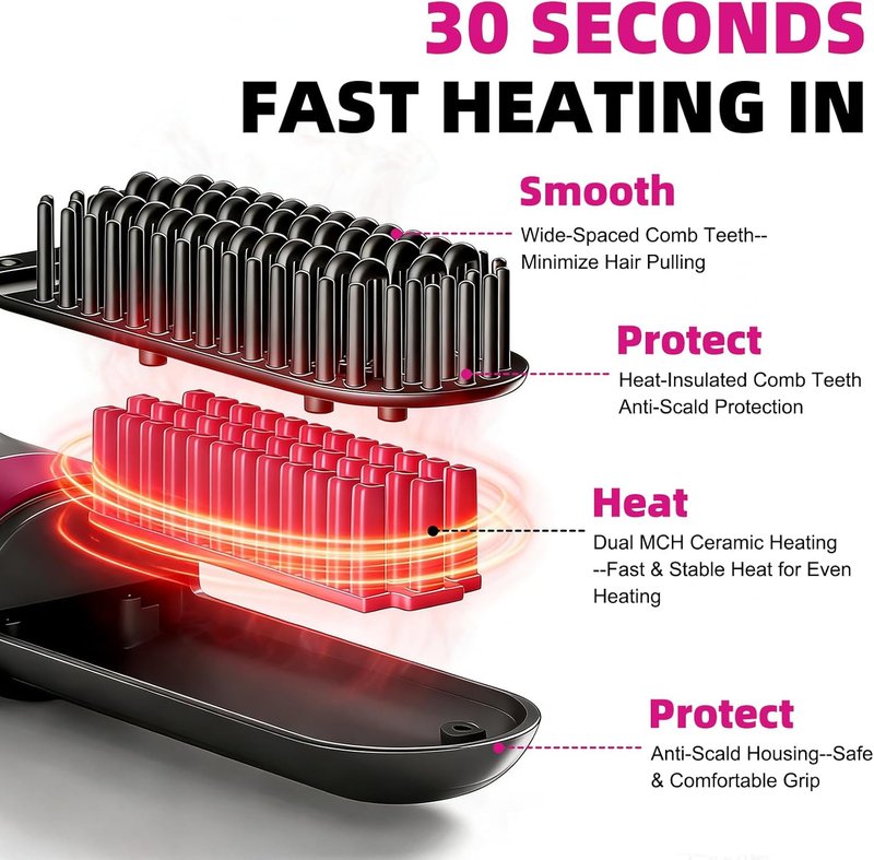 Cordless Hair Straightener Brush - Fast-Heating Portable Styling Tool with 3 Temperature Settings | Travel-Friendly Design