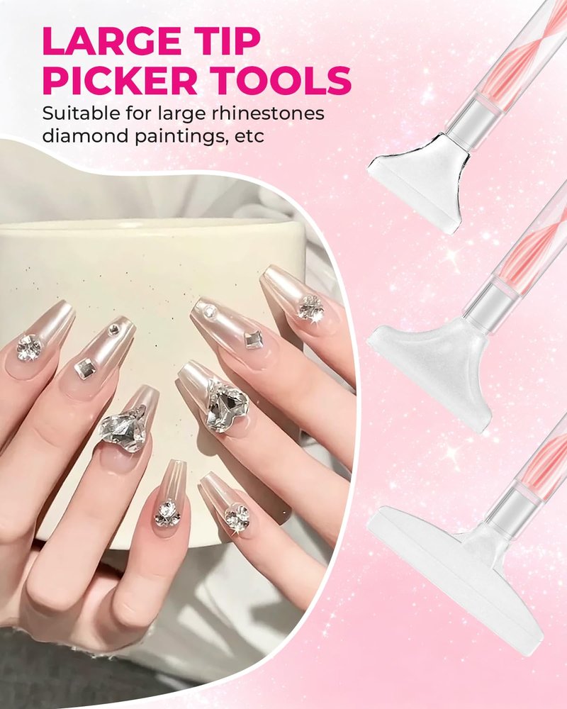Rhinestone Picker Tool Kit - Dual-Ended Applicator & 12 Tips | Nail Art Craft Tools (Pink)