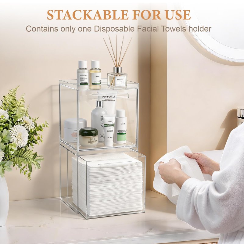 Disposable Face Towels Holder Compatible with Clean Skin Club Clean Towelettesl XL, Acrylic Box Bin with Drawer Bathroom Counter Storage for Vanity, Clear