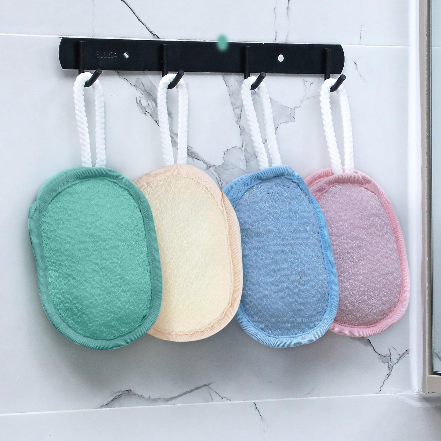 Sunnyray 4 Pcs Bath Body Exfoliating Soap Saver, Exfoliator Scrubber Pouch, Bath Loofah Sponge Body Scrubber Shower Sponge Exfoliating Mesh Pouf for Women and Men Bathing (Light Color)