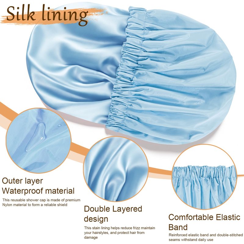 Doitory Shower Cap for Women, Reusable Waterproof Shower Cap Satin Lined with Soft Elastic Band, Large Washable Bath Caps(Light Blue)