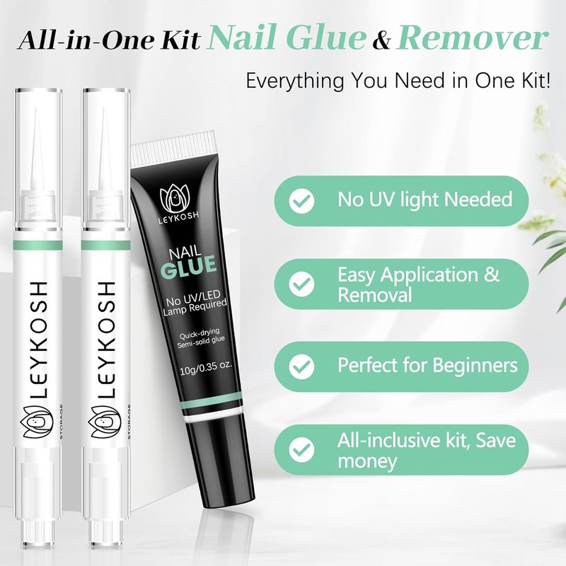 Leykosh Nail Glue - Quick Dry 10g & 2x5ml Remover Pens | 28+ Days Strong Hold, Damage-Free Finish