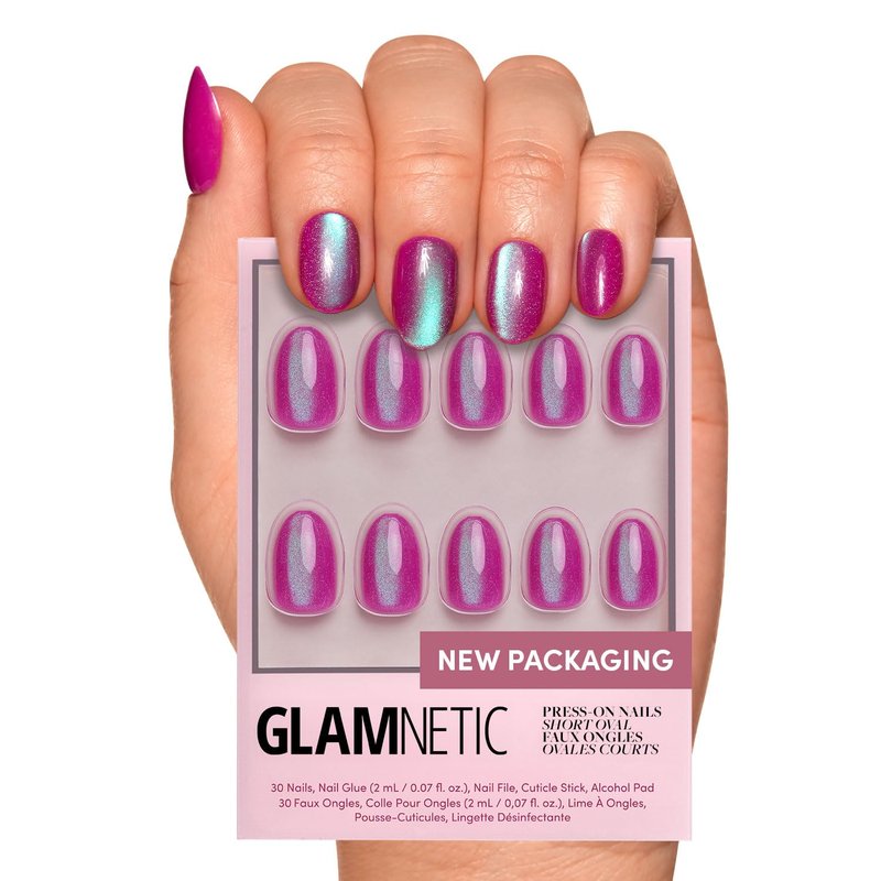 Glamnetic Press On Nails - Berry Fizz | Short Oval, Magenta Fake Nails with a Mesmerizing Metallic Finish | 15 Sizes - 30 Nail Kit with Glue